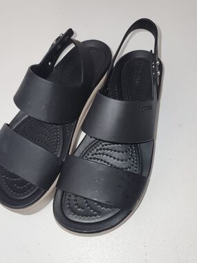 CROCS Women's Black and Cream Dual-Strap Sandals (Spots On Top See First Pic)